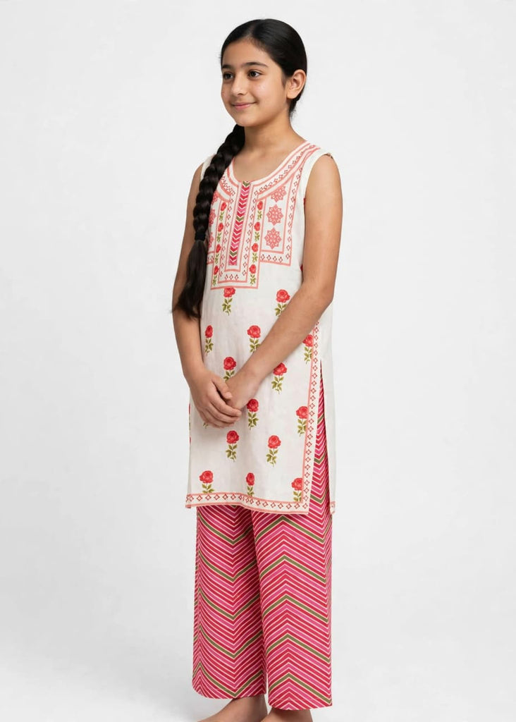 Girls Rose Printed Co Ord Set (Sleeves Included)