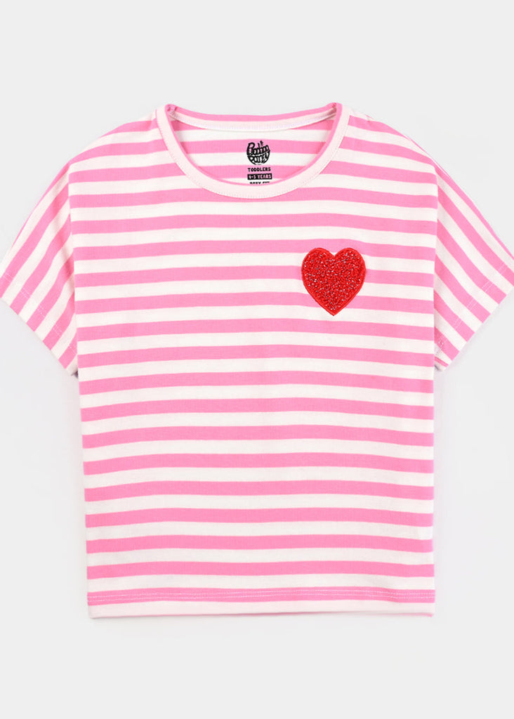 Girls Yarn Dyed T-Shirt H/S Heart-Pink